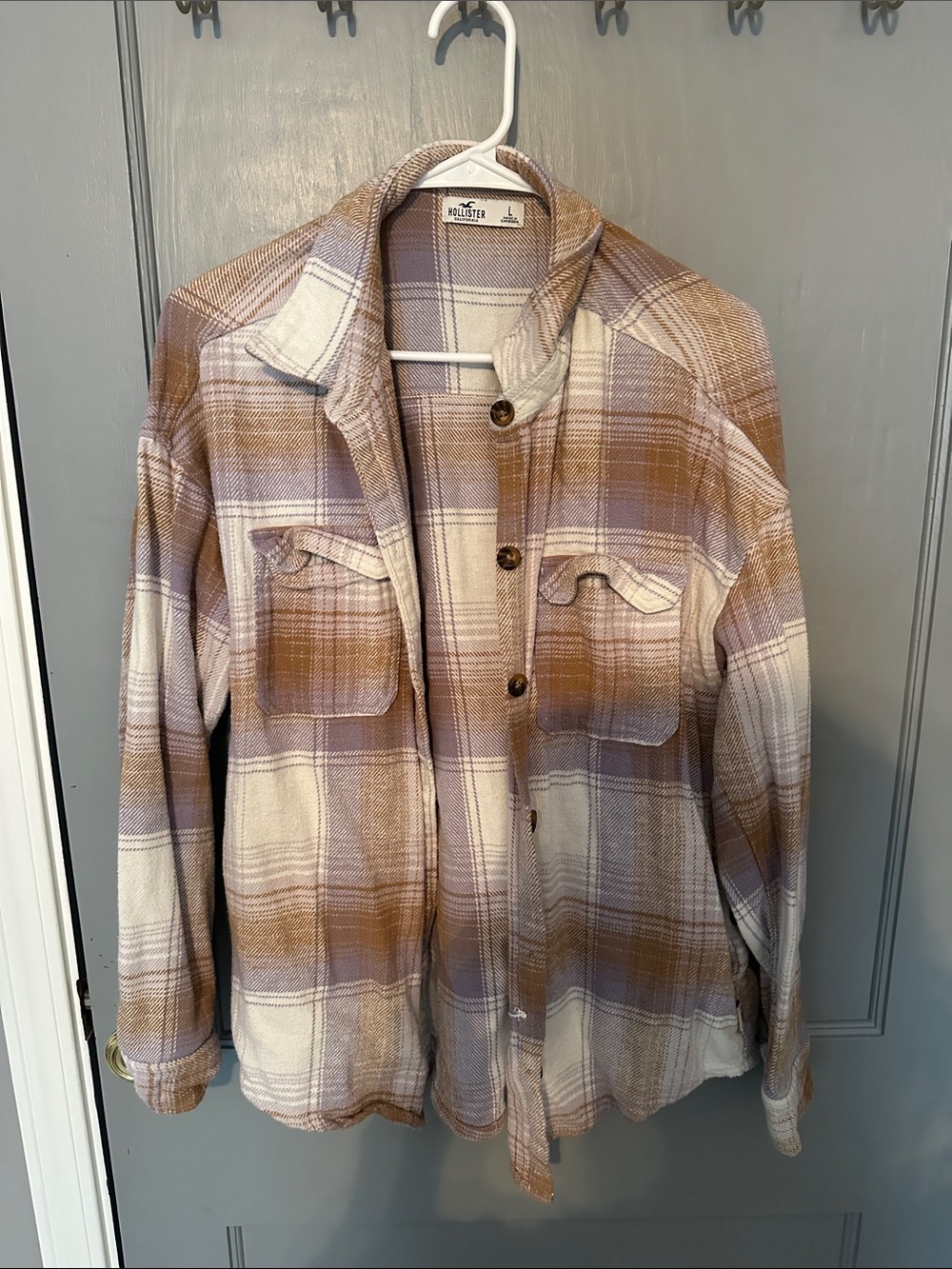 Hollister Cream, Beige & Tan Plaid Button-Up Jacket